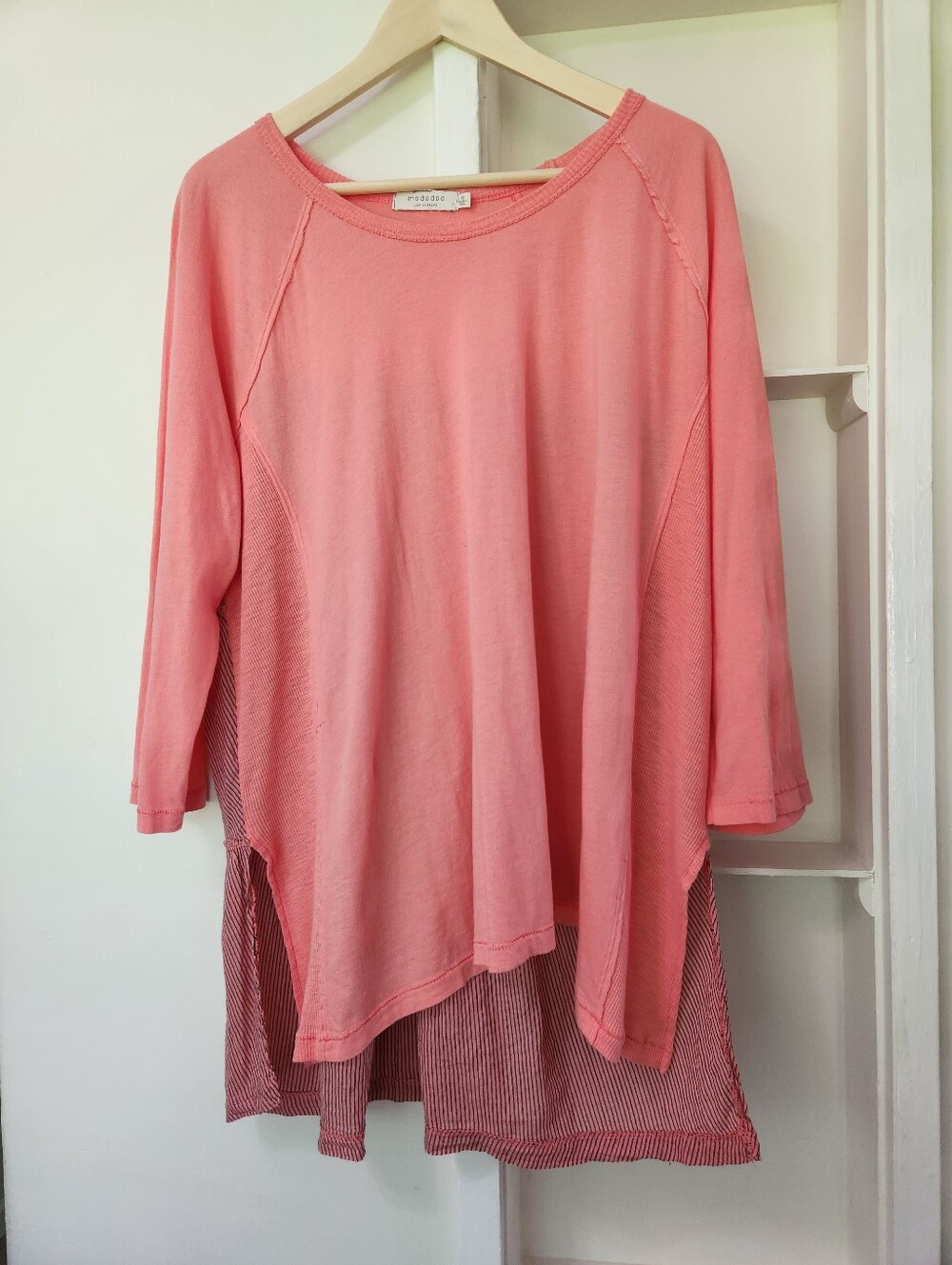 Mododoc Mixed Media Layered Tunic Top Coral Pink Knit Striped Hem 1X
